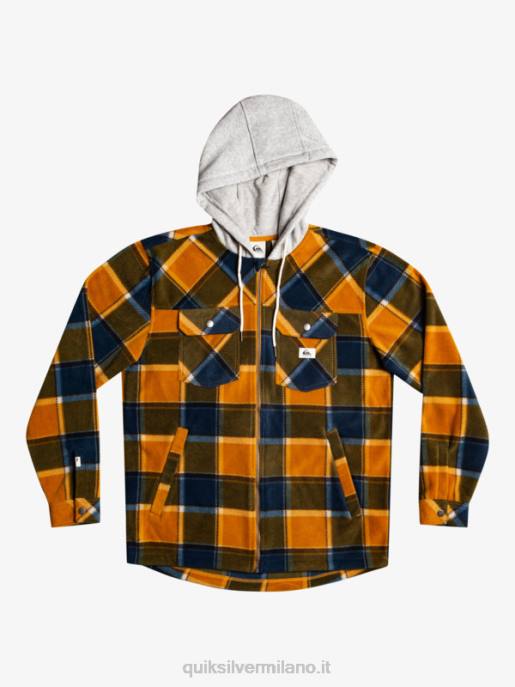 esso Quiksilver uomini giacca con cerniera in pile con cappuccio super swell plaid di flanella marrone scuro HTZR1474