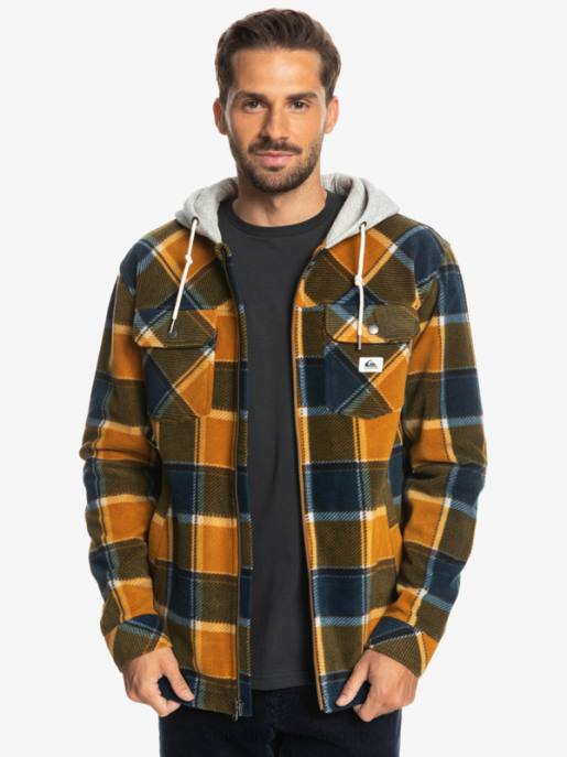 esso Quiksilver uomini giacca con cerniera in pile con cappuccio super swell plaid di flanella marrone scuro HTZR1474