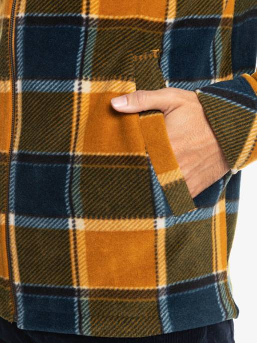 esso Quiksilver uomini giacca con cerniera in pile con cappuccio super swell plaid di flanella marrone scuro HTZR1474