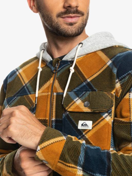 esso Quiksilver uomini giacca con cerniera in pile con cappuccio super swell plaid di flanella marrone scuro HTZR1474