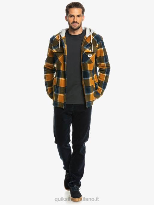 esso Quiksilver uomini giacca con cerniera in pile con cappuccio super swell plaid di flanella marrone scuro HTZR1474