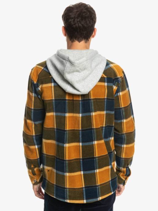 esso Quiksilver uomini giacca con cerniera in pile con cappuccio super swell plaid di flanella marrone scuro HTZR1474