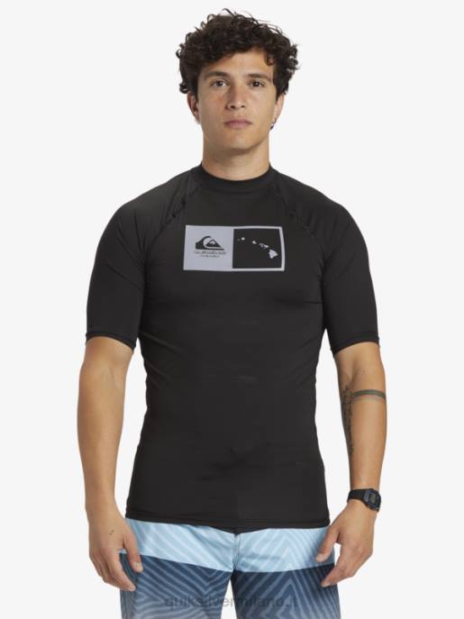 esso Quiksilver uomini hawaii double down upf 50 maglietta da surf a manica corta nero HTZR1170