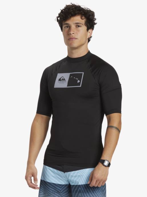 esso Quiksilver uomini hawaii double down upf 50 maglietta da surf a manica corta nero HTZR1170