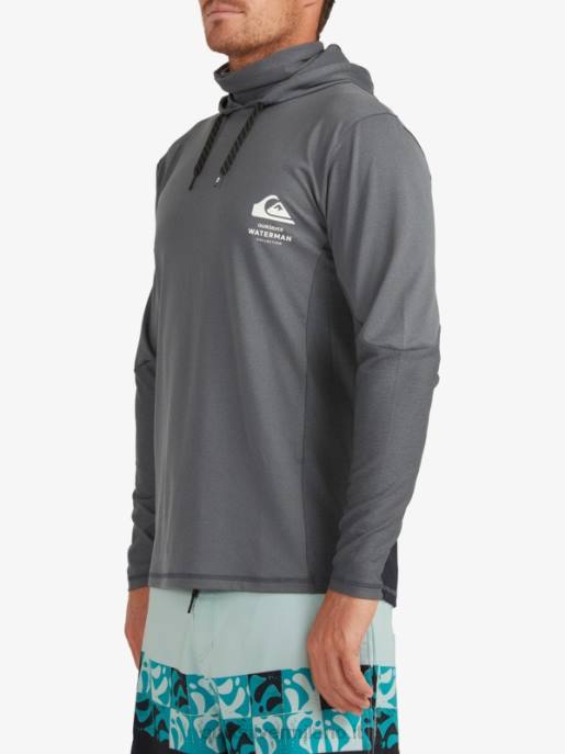 esso Quiksilver uomini t-shirt da surf upf 50 a maniche lunghe con cappuccio da pescatore waterman ombra scura HTZR1848